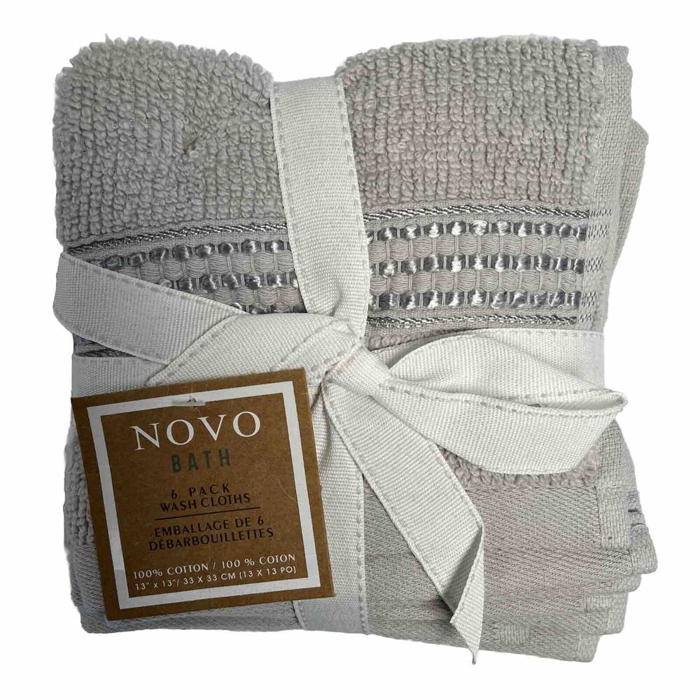 Novo Bath Washcloths Smoke Gray Set Of 6 13x13 Inch 100% Cotton